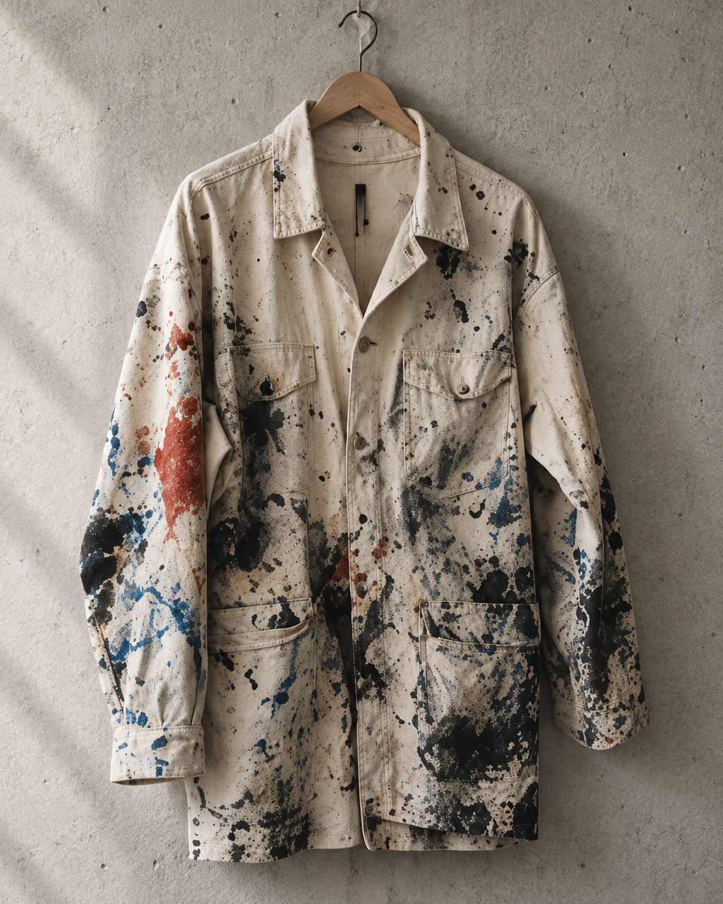 Paint-marked canvas work jacket hanging in the studio