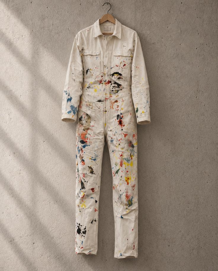 Paint-marked white painter's overalls hanging on a studio wall